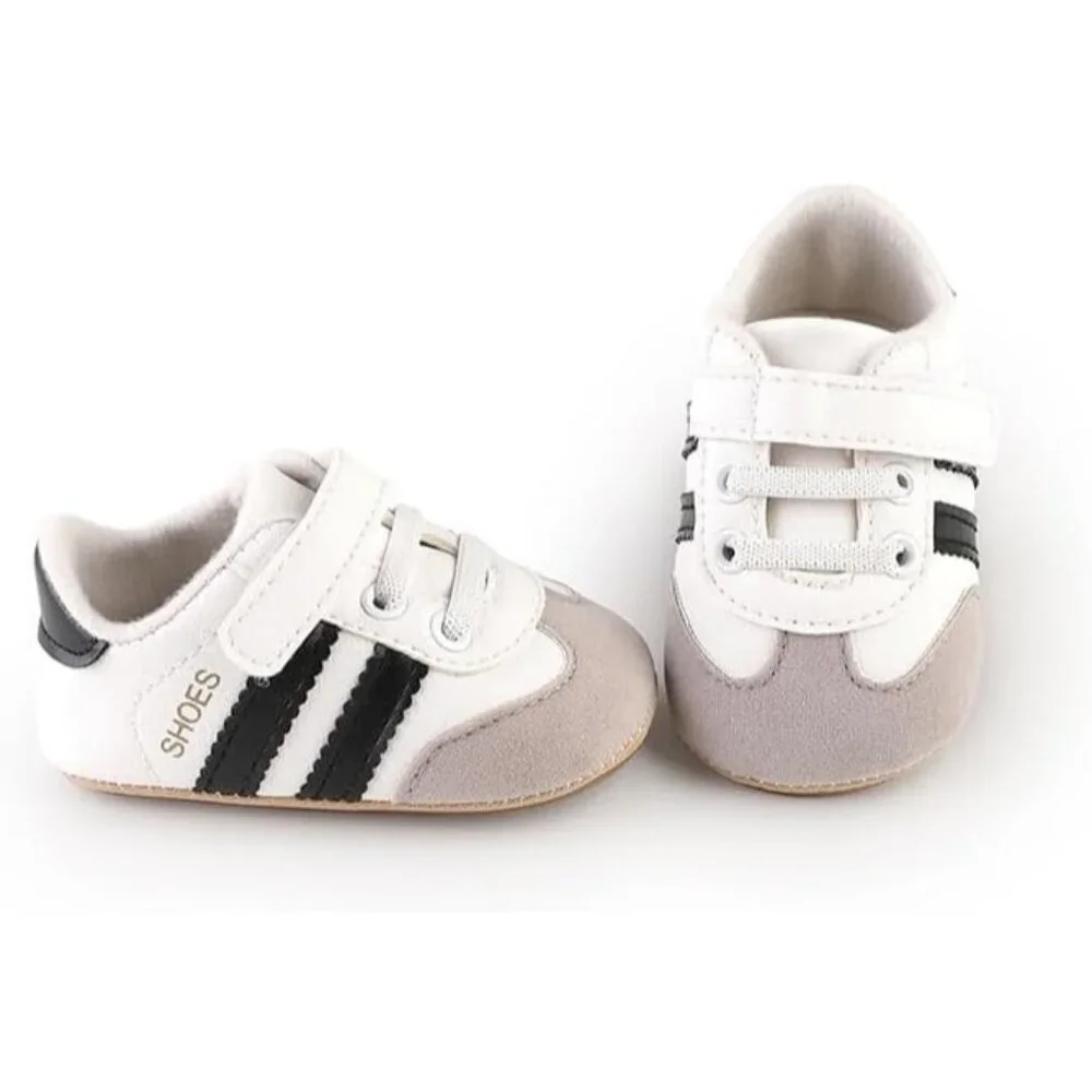 Baby Boys Girls Black Faux Leather Rubber Sole Retro Walking Sneakers Shoes